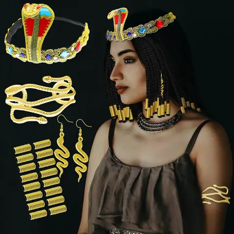 Accessori per costumi Cleopatra egiziana Copricapo serpente Bracciale dorato Orecchini Bracciale Gioielli Halloween Cosplay per le donne