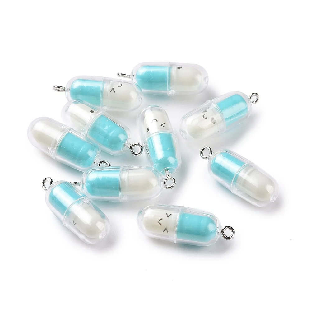 10Pcs Translucent Plastic Pill Pendants Charms with Platinum Tone Iron Loops Light Blue Handmade Pendants for Women Necklace