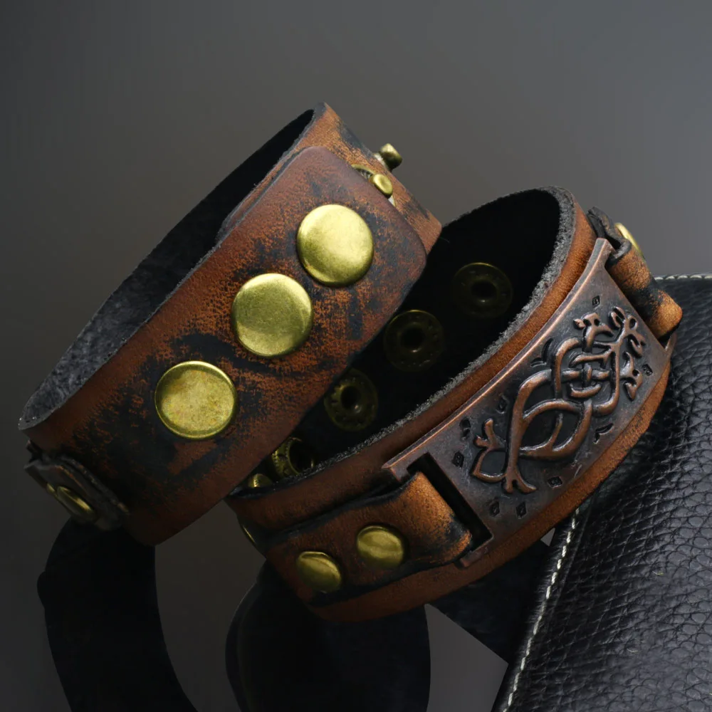 Vintage Leather Bracelet Punk Alloy Cowhide Snap Bangle Adjustable Gift Wristband Men'S Personalized Jewelry Accessories