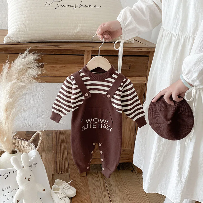 

LILIGIRL New Autumn Baby Knit Rompers 6-24M Striped Letter Toddler Girls Jumpsuit Loose Korean Version Infant One Piece