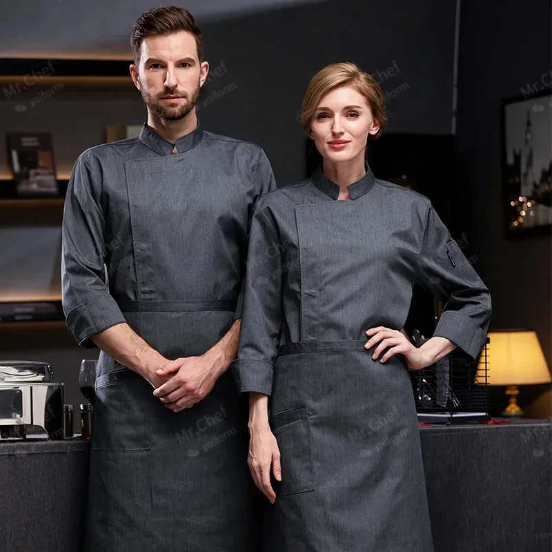 Uniforme de chef gris à manches longues, veste de chef d'hôtel, t-shirt, haut de chef d'hôtel, manteau de travail de restaurant, vêtements de cuisine respirants Chamonix, logo, nouveau