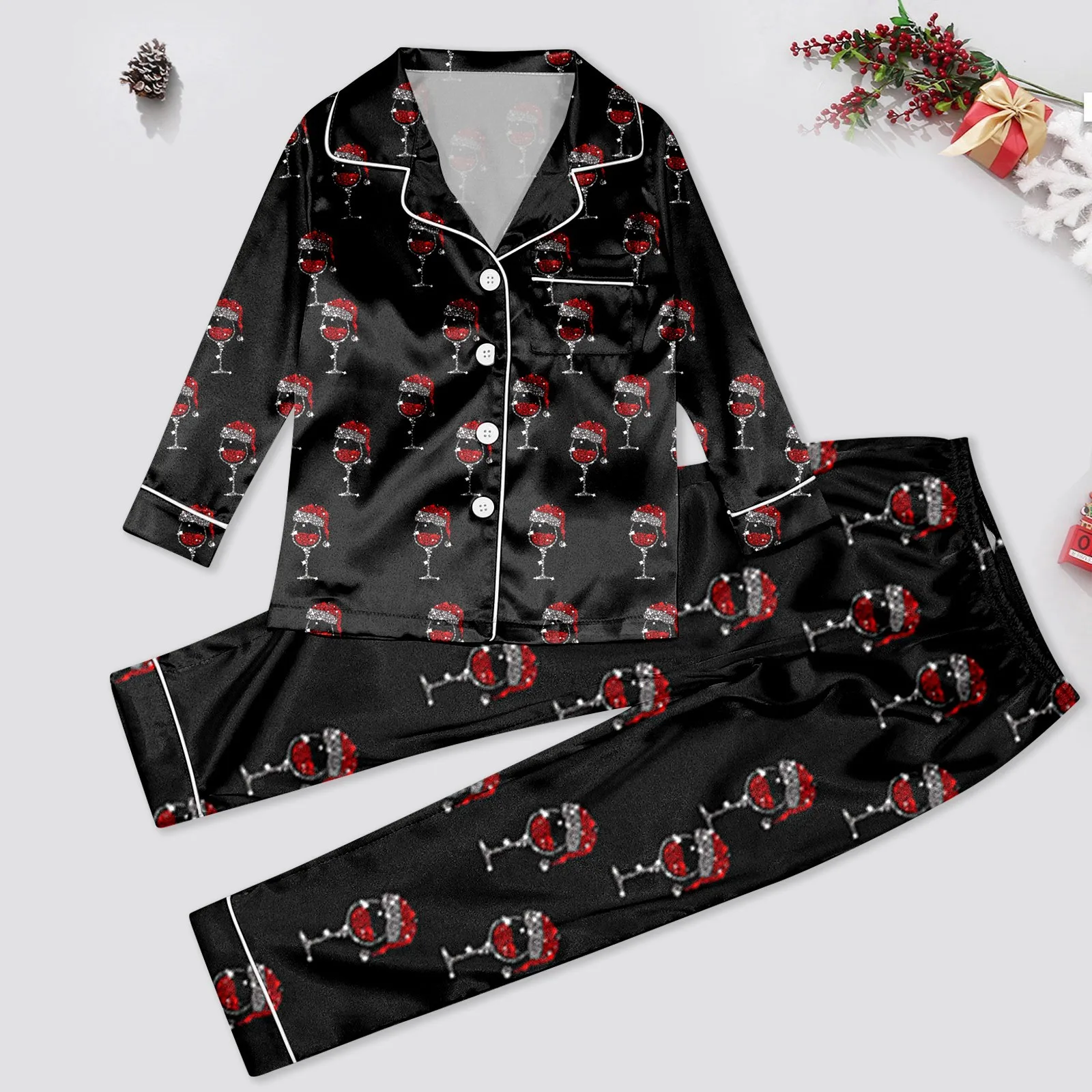 Xmas Family Matching Pajamas Set Christmas Wine Glass Print Sleepwear Adult Kids Pjs New Arrivals Family Home Wear 2024