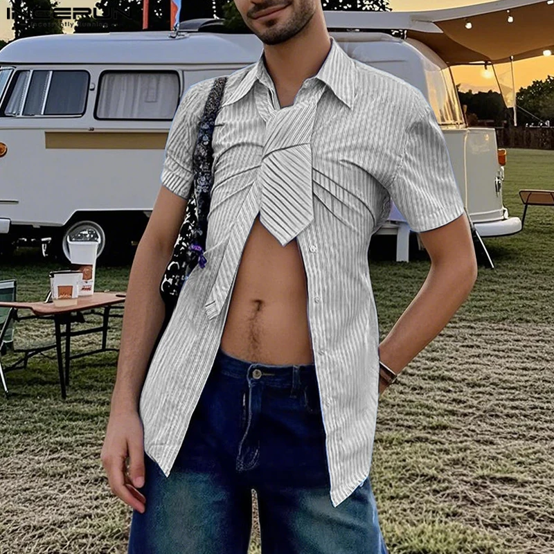 INCERUN hommes chemise rayée revers manches courtes cravate décontracté hommes vêtements chemises d'été Streetwear 2025 mode mâle hauts S-5XL