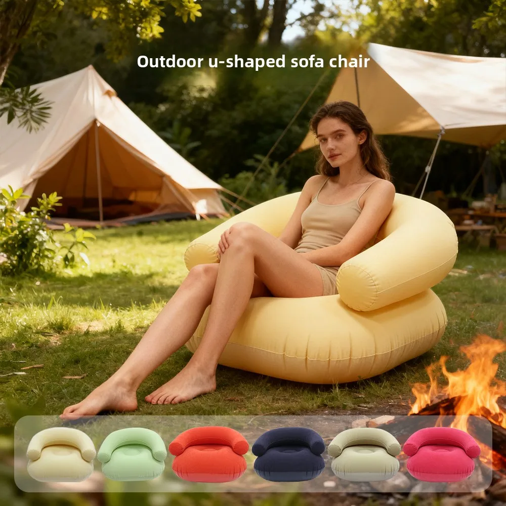 

U-Shaped Flocked PVC Inflatable Sofa with Armrest, Outdoor Lazy Inflatable Bean Bag Chair for Indoor Outdoor Relaxation