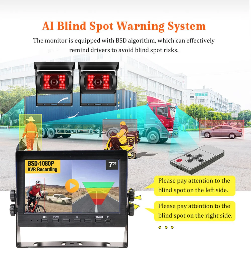 2ch BSD Ai Detection 1080P Dual Rear View Reversing Backup Camera 7'' Backup Split Screen Monitor Kit System Back Parking For Truck RV