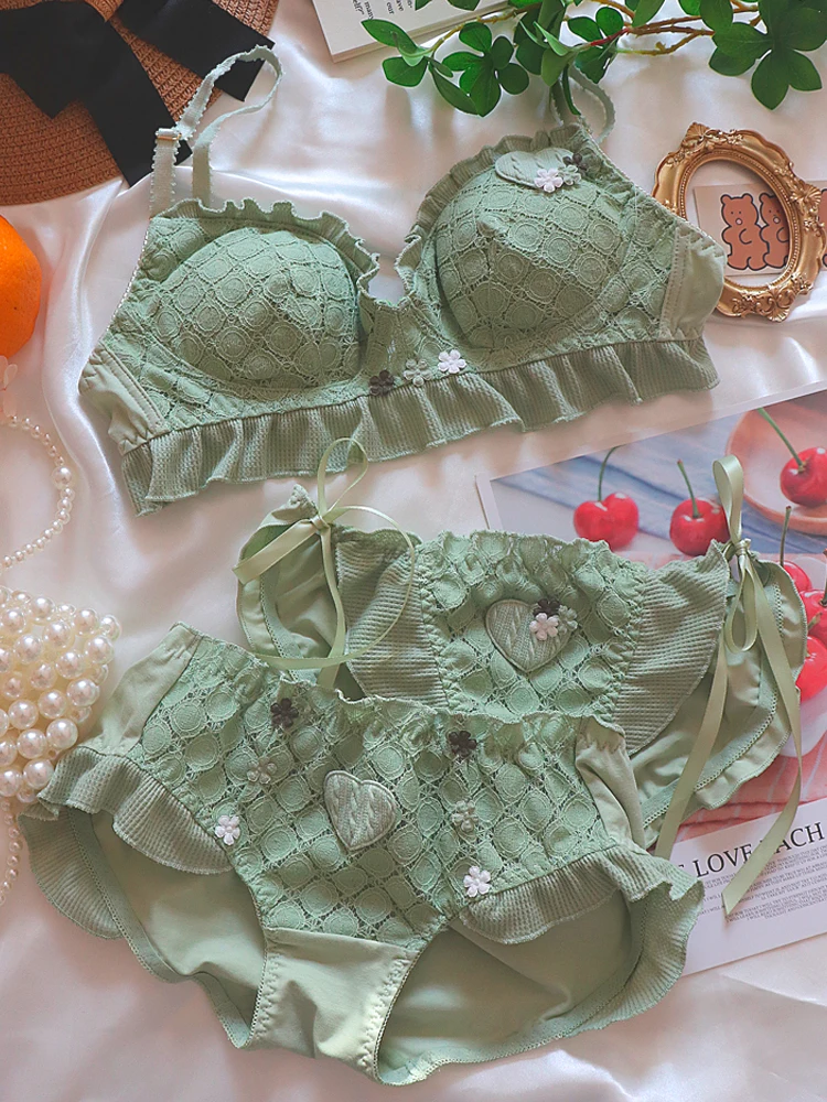 Mori system elves lingerie small fresh girls underwear women bras without steel ring thin cotton winter ruffled edge bra pantys