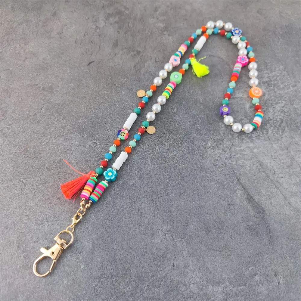 Rainbow Heishi Flower Bead Lanyard For Keys Keychain ID Credit card Cover Pass Mobile Phone Charm Accessories