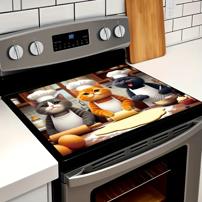 Playful Chef Cat Baking Stove Top Cover, Non-Slip Stove Protector Mat, Decorative Gas Cooktop Pad, Cozy Kitchen Decor