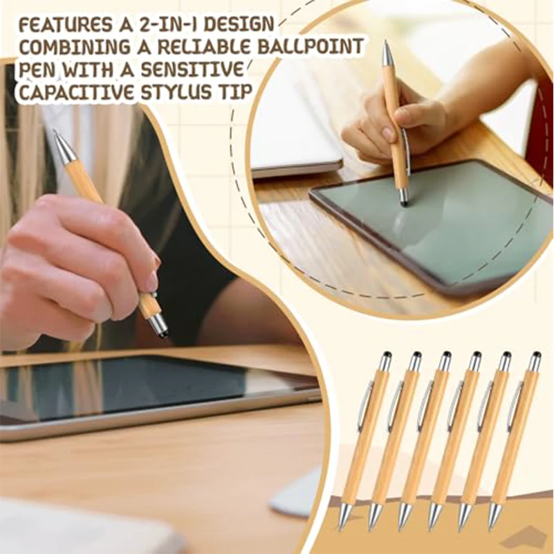 60Pcs 2 in 1 Bamboo Stylus Pen, Retractable Capacitive Touch Screen Ballpoint Pens