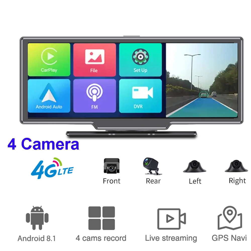 10.26 inch IPS 4G+4 Camera Andriod 8.1 GPS Navigation Wifi FHD 1080P DVR Dash Cam Video Recorder Registrar Parking Monitoring