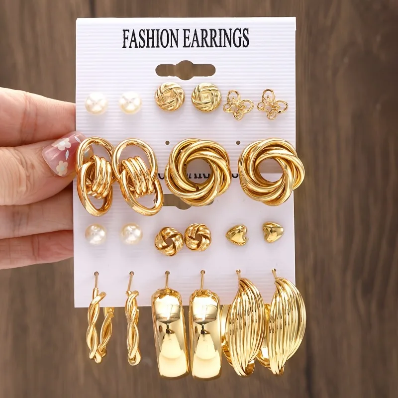 

11 Pairs A Set Fashion Zinc Alloy Faux Pearl Rotation Geometry Decorative Earrings Womens Daily Decoration