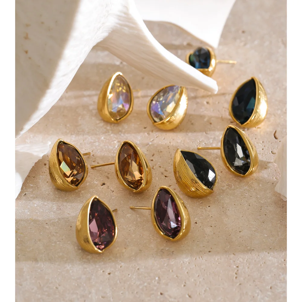 Yhpup Stainless Steel Stud Earrings Multi Color K9 Crystal Fluted Golden Hull Runway Inspired Fashion Jewelry Recommend