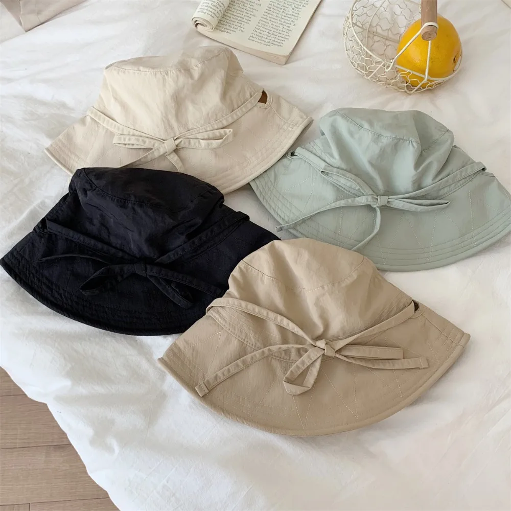 Ins Windbreak Rope Fisherman Hat Lace-up Thin Sunshade Basin Hat Solid Color Tie Bucket Cap Summer