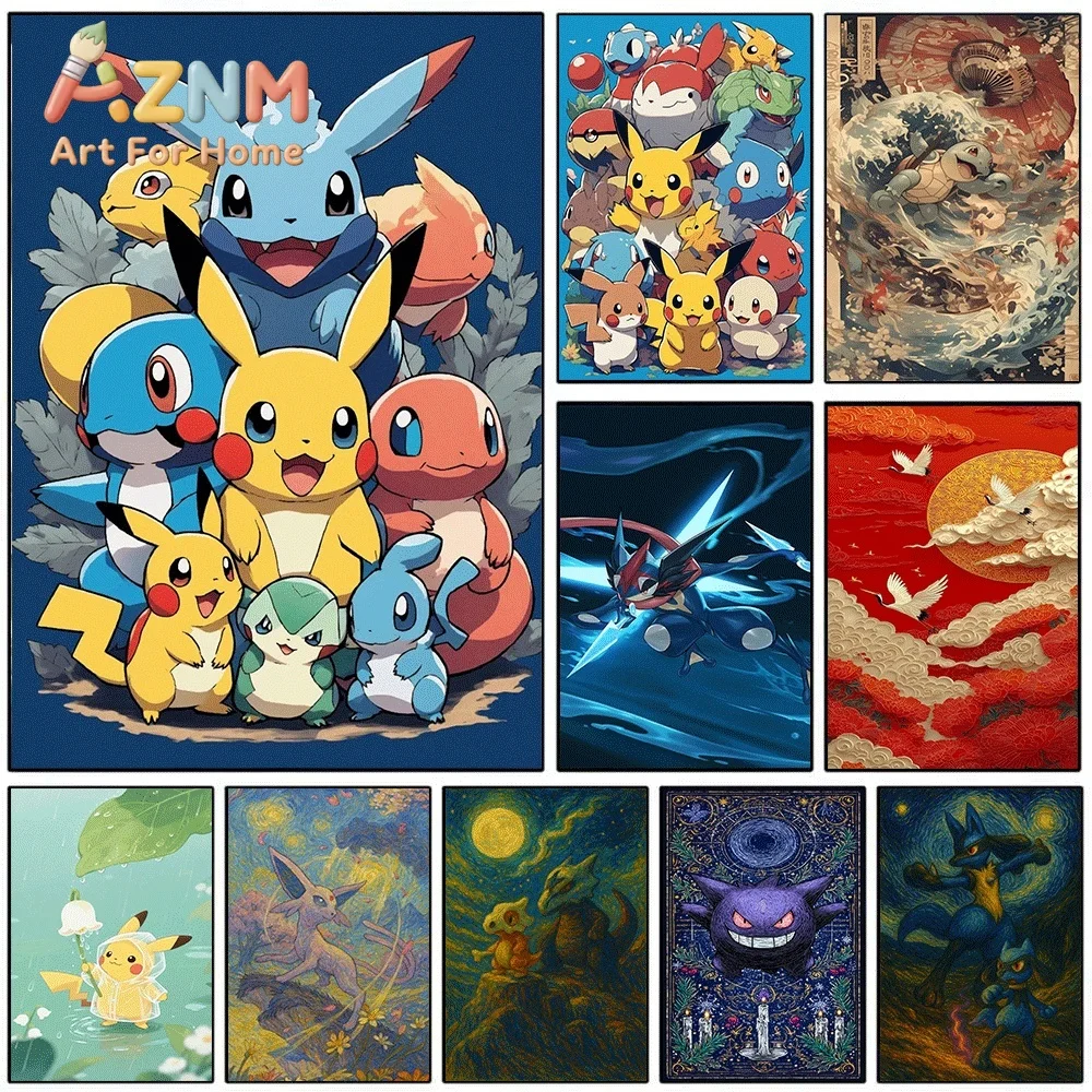 Dark Blue Background Cute Pokemon Starters Group Canvas Wall Art No Frame Anime Print Poster Painting for Kids Bedroom Living