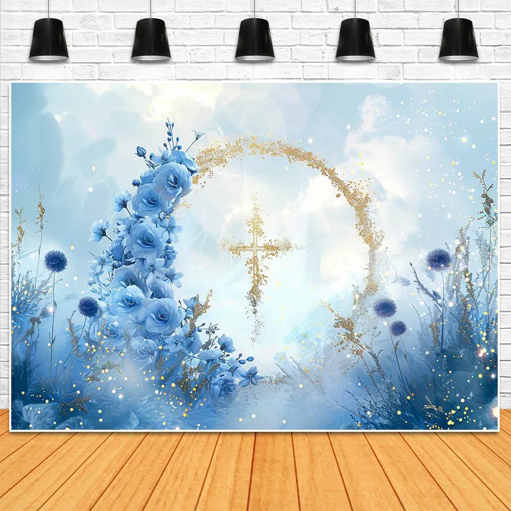 Mocsicka-Recém-nascido Fundo de Batismo, Flor Azul, Fantasia, Gold Circle Cross, Menino, Decoração de Batismo, Adereços Fotográficos