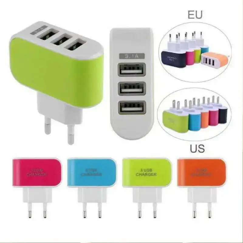 Universal 3 USB Multi-Port Wall Home Charger EU/US Plug Wall Adapter Cube Block AC 110-220V Candy Color Travel Charger Adapter