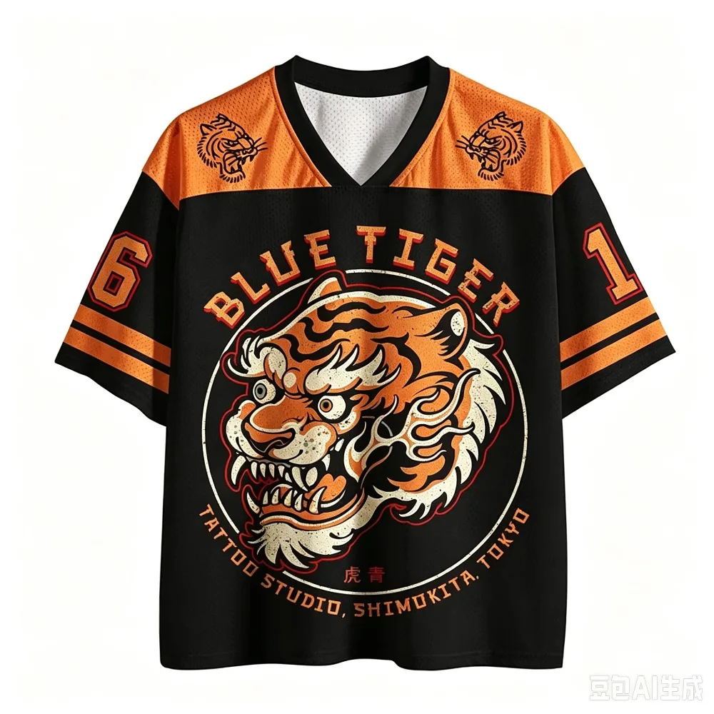 Japanischer Blauer Tiger-Print 3D-Druck Schnelltrocknendes Sport-T-Shirt für Männer und Frauen mit V-Ausschnitt, Modisches Streetwear Y2K Eltern-Kind-Kleidung – Detail 6