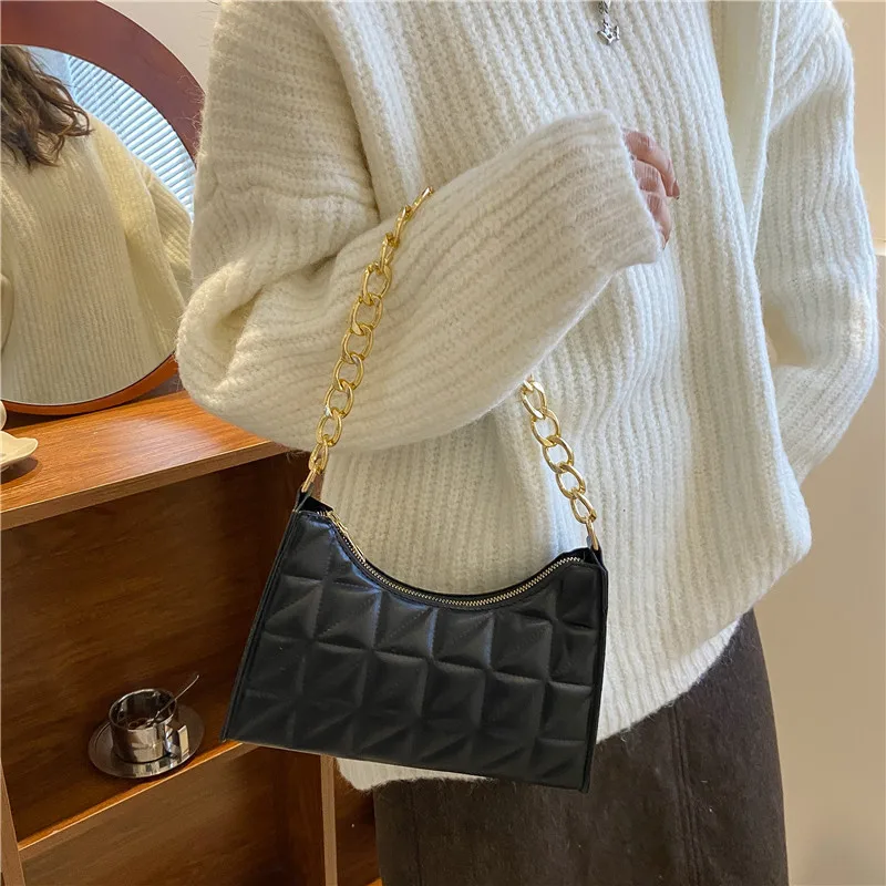 

Women's Diamond PU Pattern Shoulder Bag Leather Solid Color Niche Chain Handbag Fashion Females Underarm Shopping Bag 2025