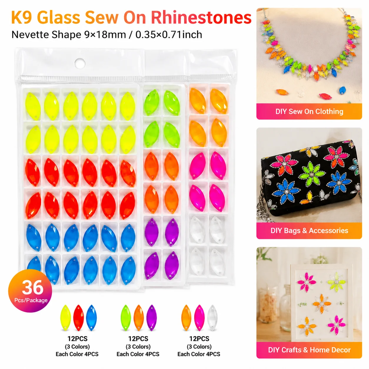 3-Color Neon Balanced Mix (12PCS Each) K9 Glass Sew-on Rhinestones 9×18mm, 36PCS Set, for DIY Clothing & Craft Decoration