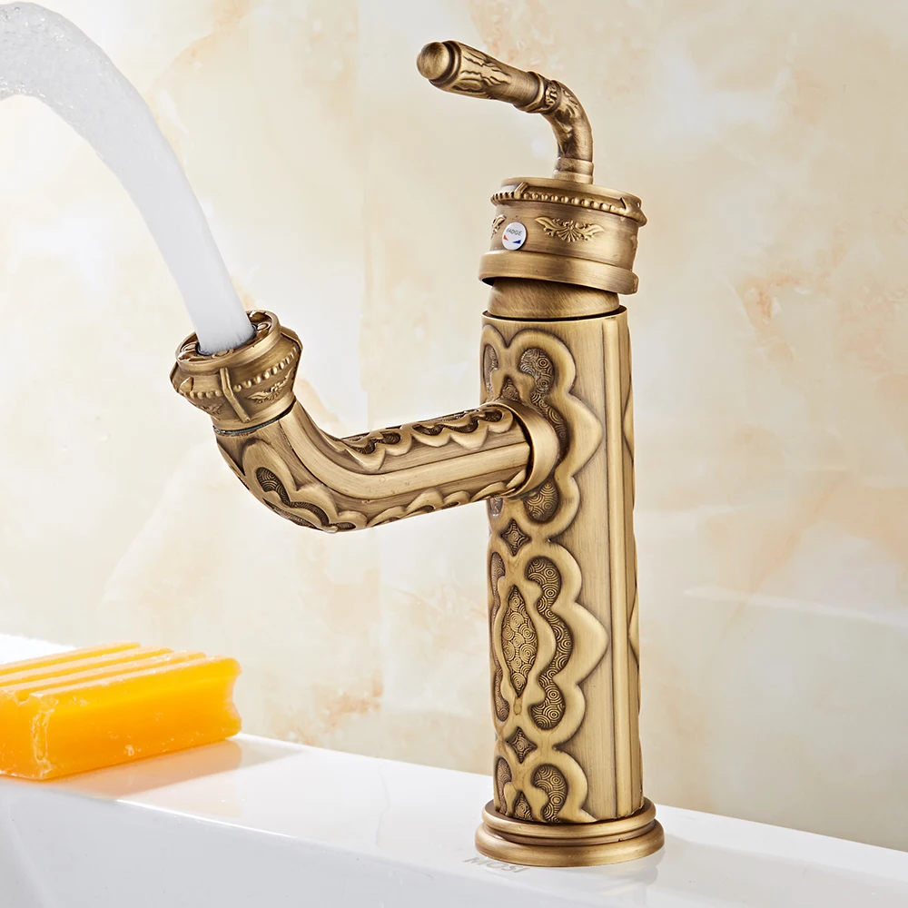 Brass Basin Faucet Antique Retro Carved Bathroom Sink Mixer Tap Deck Mount Cold Hot Single Handle Vanity Sink Mixer Crane ZR239