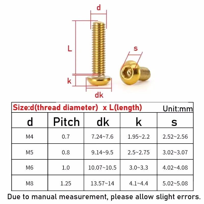 M4 M5 M6 M8 Golden 304 Stainless Steel Round Button Hex Socket Screw Bolt