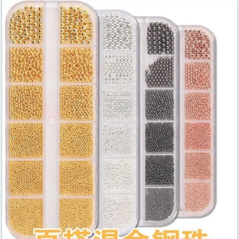 6 Sizes Mixed  Nail Caviar Beads 0.8-3.0mm Micro Metal Steel Ball Gold Silver Rose Gold 3D Nail Art Decoration DIY Manicure