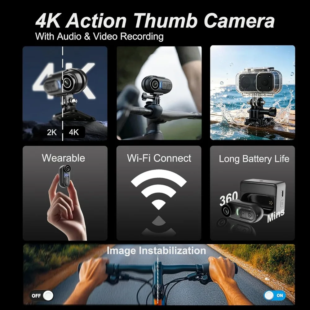 4K Mini Wearable Body Camera 128GB Magnetic Thumb Size Action Cam, 6-Axis Stabilization, Audio/Video Recording Action Camera