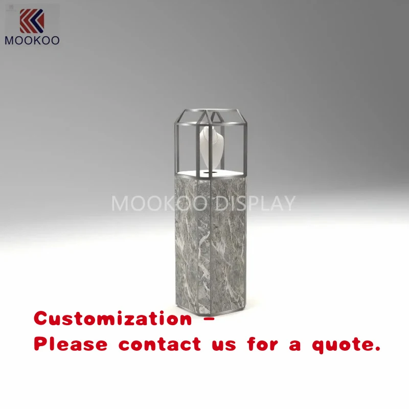 

custom.Luxury Hexagonal Metal Frame LED-Lit Jewelry Display Pedestal (Marble/Black) High-End Jewelry Stores
