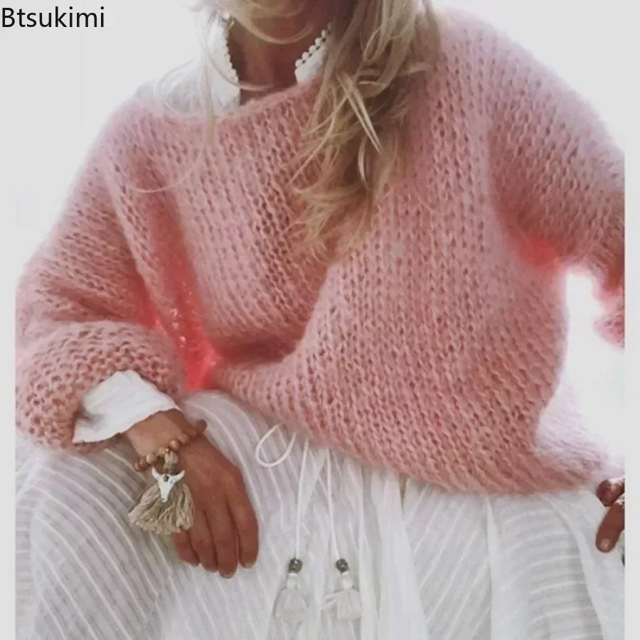 

2025 Women's Lantern Long Sleeve Knitted Sweater Fluffy Fuzzy Mohair Pullover Top Chunky Knit Solid Oversized Loose Jumper Tops