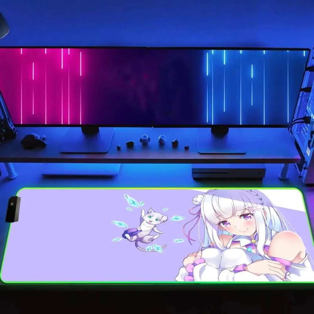 R_re Z_zero Anime RGB Mouse Pad Laptop Table LED Luminous Keyboard Mouse Mat HD Cute Girl Mousepad Gaming Desk Mat Teclado Gamer