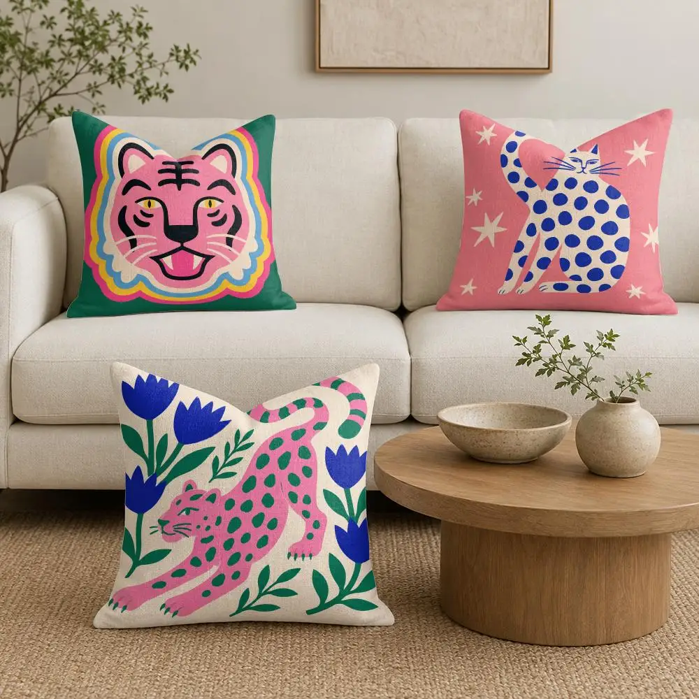 Animal Colorful Maximalist Cushion Cover Organic Linen Throw Pillow Cover Double-Sided Print Breathable Cushion Case Home Decor