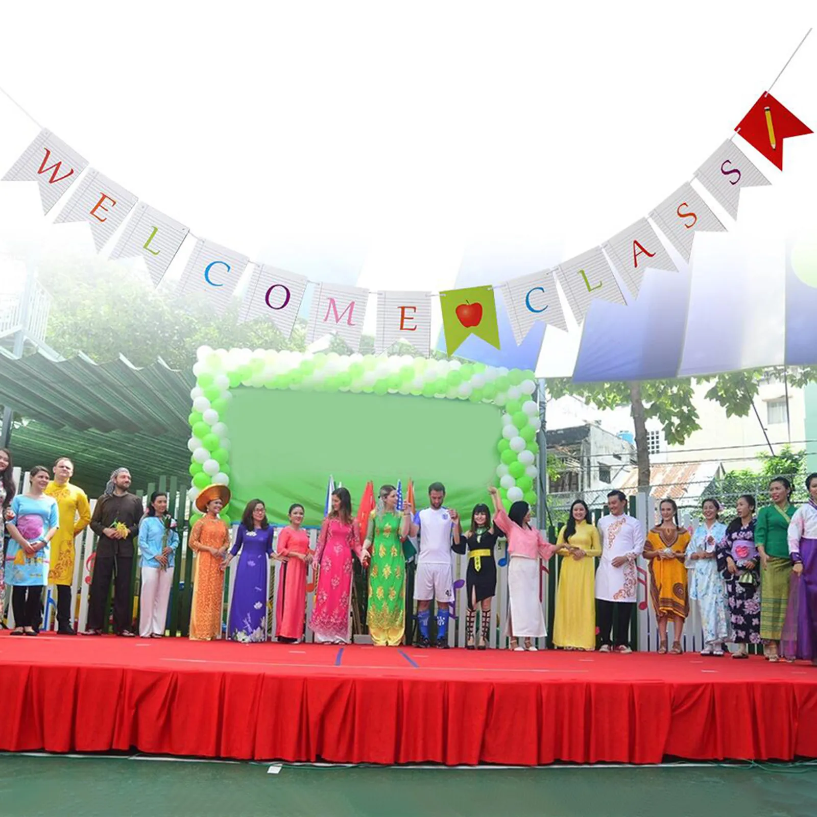 2Sets School Ceremony Banner Bright Welcome Class Bunting Back to School Pull Flag First Day Classroom Decoration