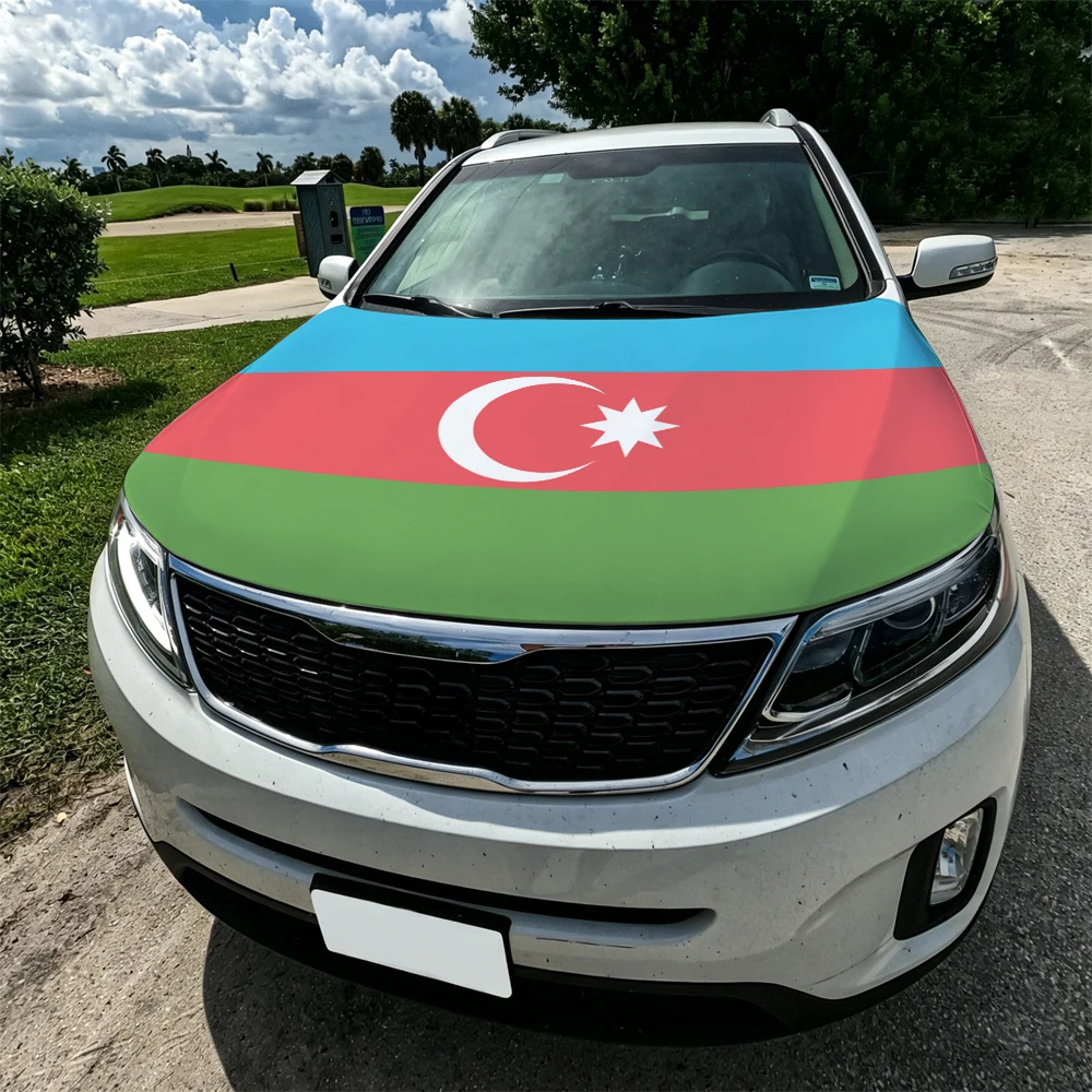 3.8x5.3ft Azerbaijan Car Hood Cover Flag RSA Car Bonnet Banner Elastic Fabrics Windproof Patriotic Automotive Hood Covers