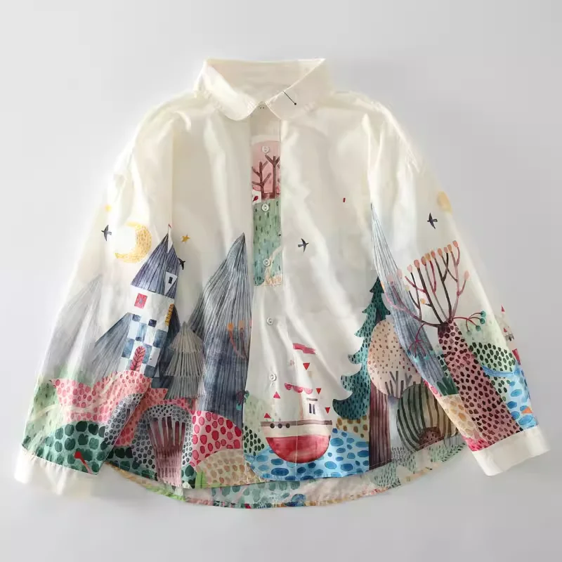 Bust 118cm original design 100% cotton oversized shirts for women spring Japan cartoon print shirts purple long sleeve blouses