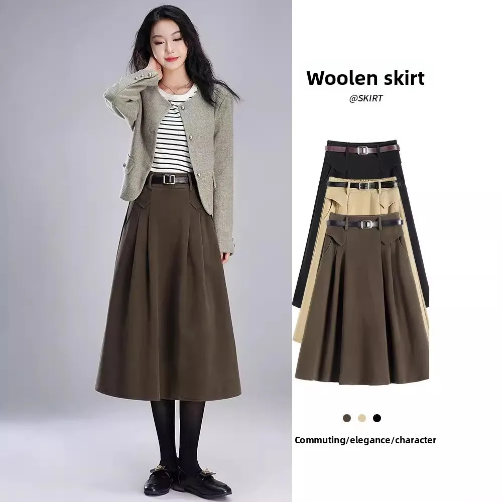Women's Woolen Skirt, Autumn and Winter Fashion, High-Waisted, Slimming A-Line Mid-Length Flared Skirt