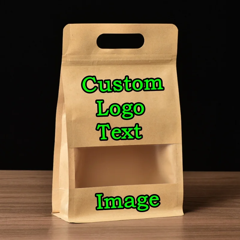 

50PCS Kraft Paper PE Inlay Window Ziplock Storage Bag DIY Logo Print Handle Matcha Snack Coffee Sugar Portable Packaging Pouches