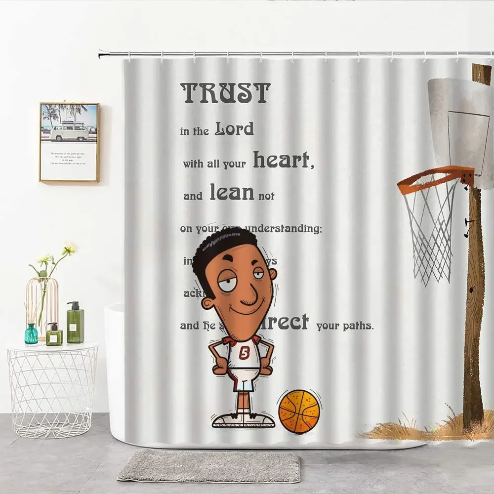 Basketball Cartoon Rack Bible Proverbs Trust Inspirational Text Words Fabric Bathroom Curtains