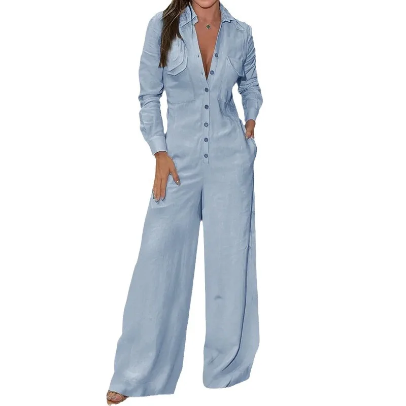 Jumpsuits Women One Piece Turn Down Collar Full Sleeve Overalls Tight Waist Single Breasted Rompers Wide Leg Long Pants