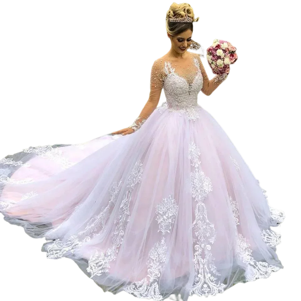 Maßgeschneiderte Prinzessin-Hochzeitskleider in Rosa, Robe, Spitze, Applikation, Perlen, transparenter Ausschnitt, lange Ärmel, Garten-Brautkleider 2023