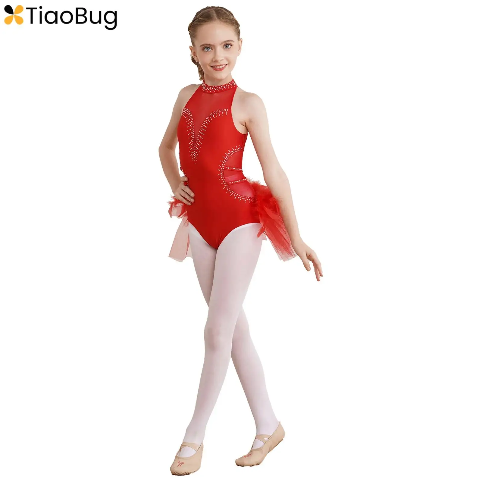 

Kids Girls Ballet Dance Dress Sleeveless Sparkly Feather Tulle Skirted Leotard Figure Skating Competition Performance Costume