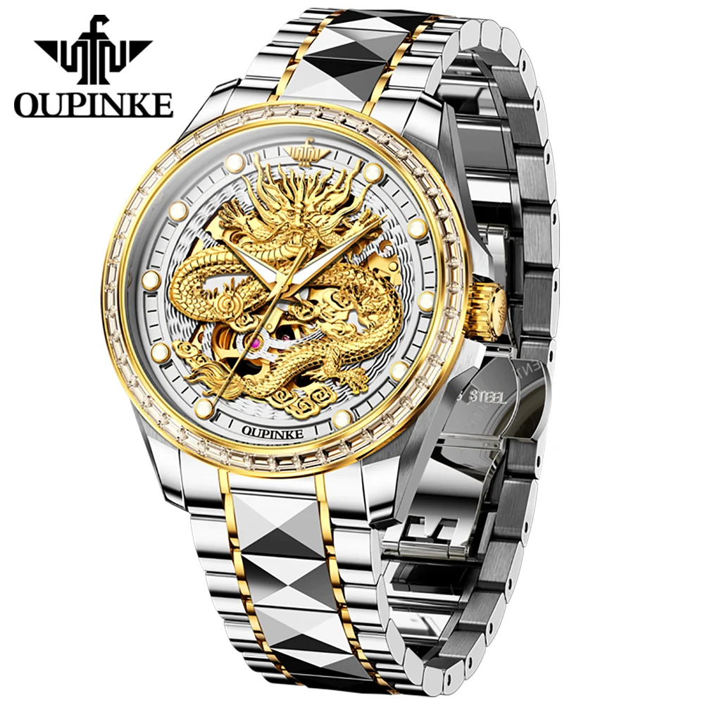 OUPINKE ساعات رجالية 3276 موضة فاخرة التنغستن الصلب التنين الصيني نمط الهاتفي الأصلي ساعة ميكانيكية أوتوماتيكية للرجل