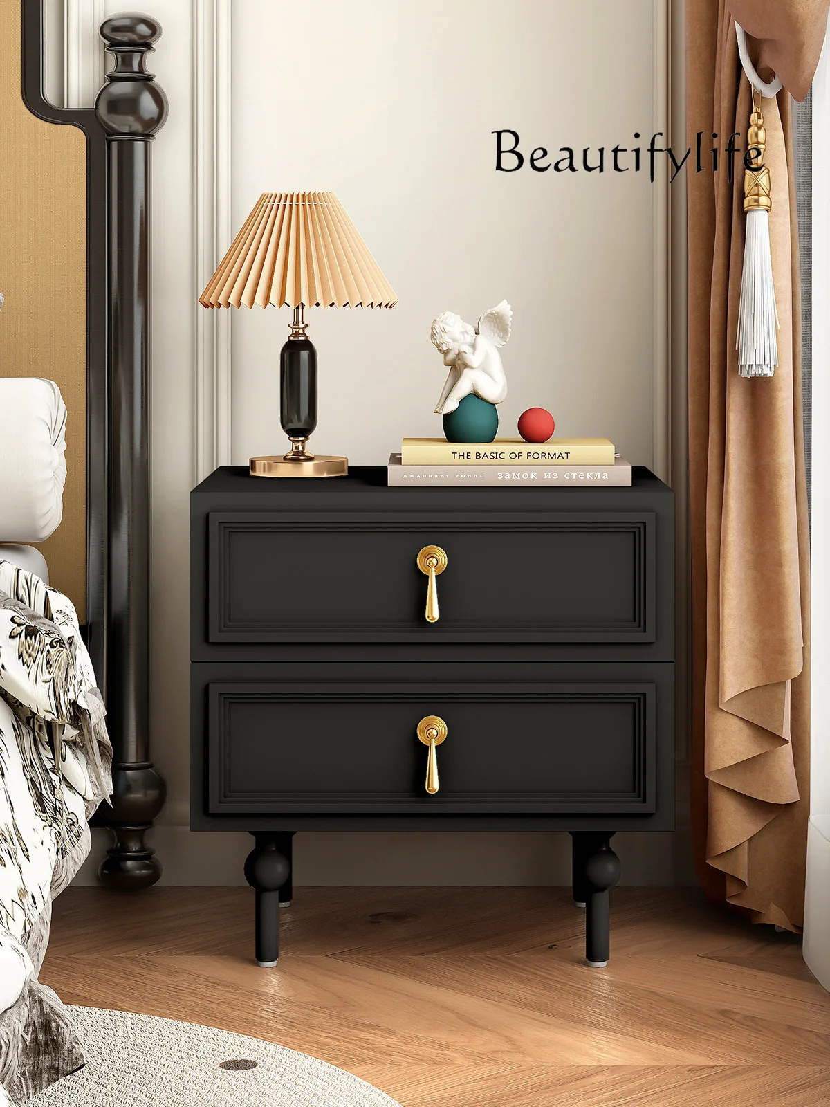 American retro black bedside table modern simple bedroom French bedside table light luxury medieval high-end storage cabinet image 2