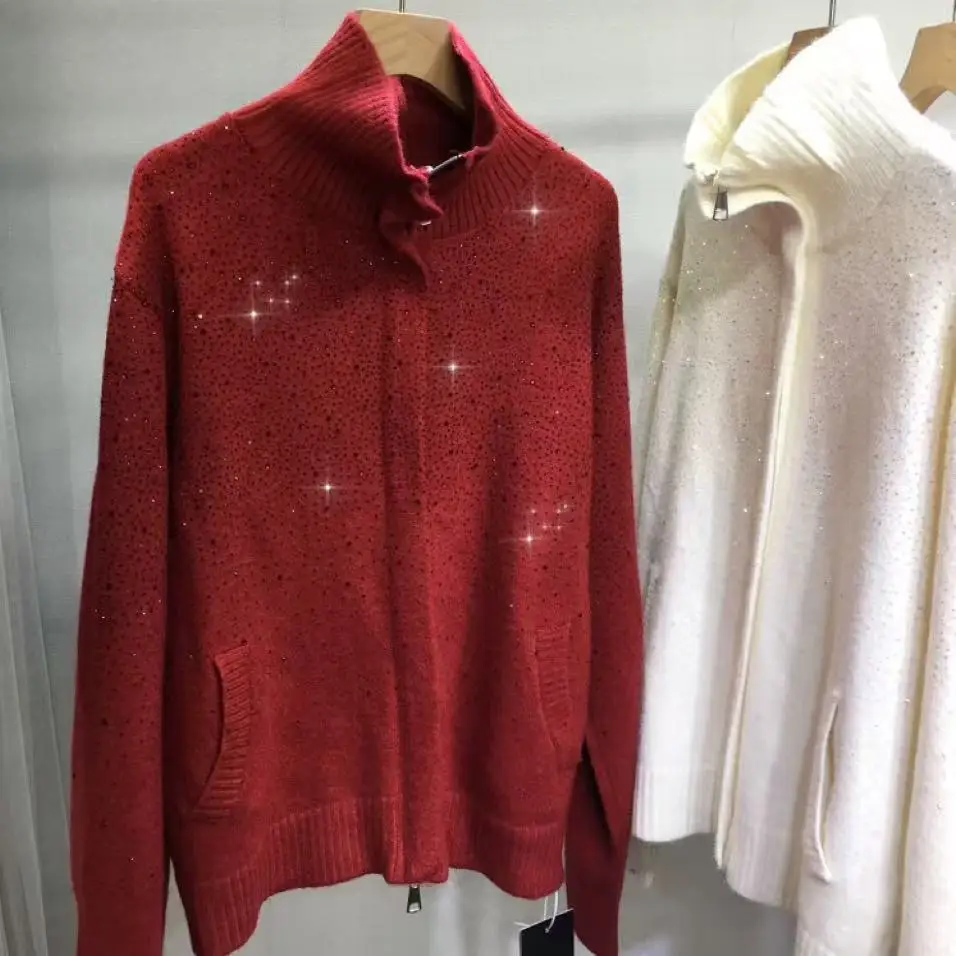 

Личивое качество с бриллиантами, осень-зима, толстый вязаный кардиган с карманами, свитер, женские свитера на молнии, трикотажное пальто, топ