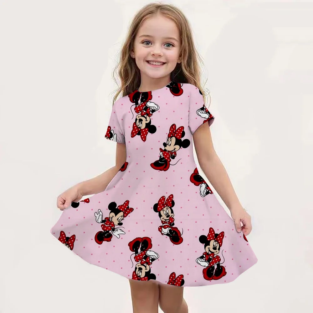 

Potdemiel Disney Summer Girls Cartoon Minnie Mouse Printed Dress Fashion One-piece Dress Kids Daily Casual Short Sleeve Clothing