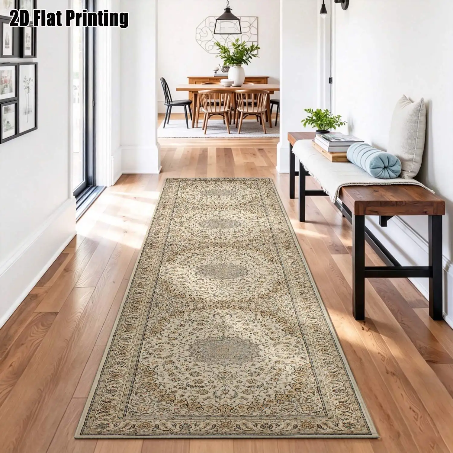 1Pc 2D Printed Long Strip Runner Carpet: Beige Retro Floral/European/Geometric Striped Pattern, Machine Washable, Multi-Size, for Entrance, Corridor, Bedroom, Kitchen Home Decor