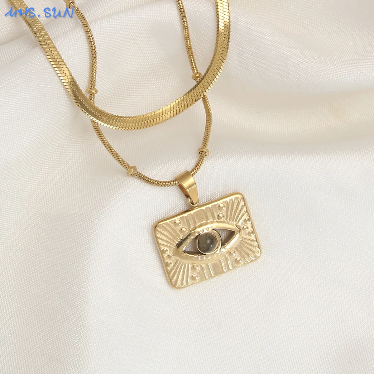 MHS.SUN Gold Plated Square Turkish Evil Eye Pendant Necklaces Stainless Steel With Natural Stone Lucky Jewelry Gift For Women