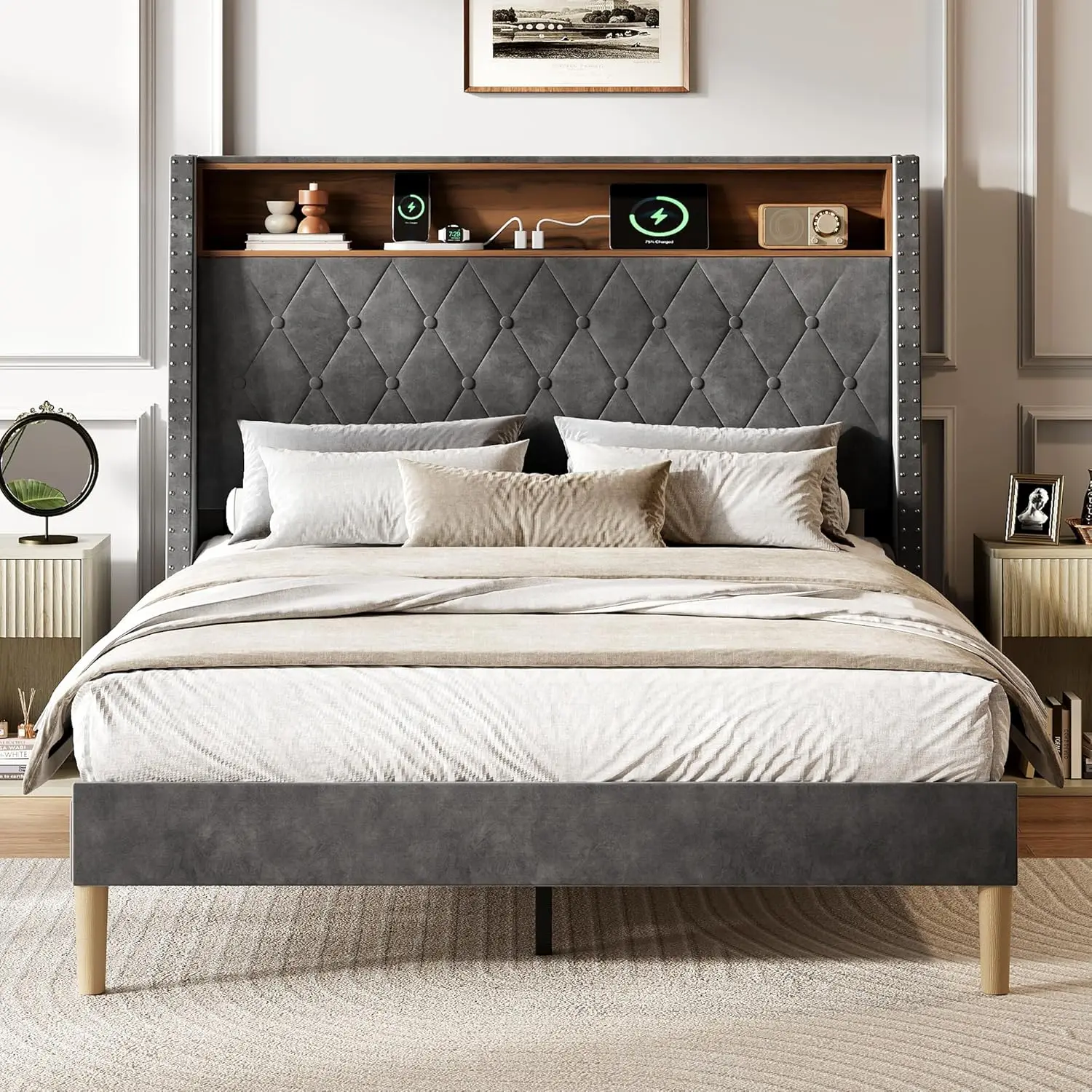 

Full Size Upholstered Bed Frame with Storage Headboard, Velvet Square Tufted Platform Bed with Charging Station, Sturdy Me