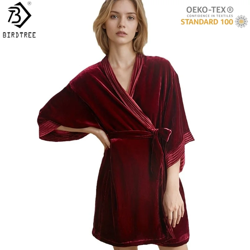 

Birdtree,OEKO-TEX,Base Fabric 100% Silk Robe,Women Sleepwear Natural Thicken Nightgown,Velvet Home Pajamas P5D924JF
