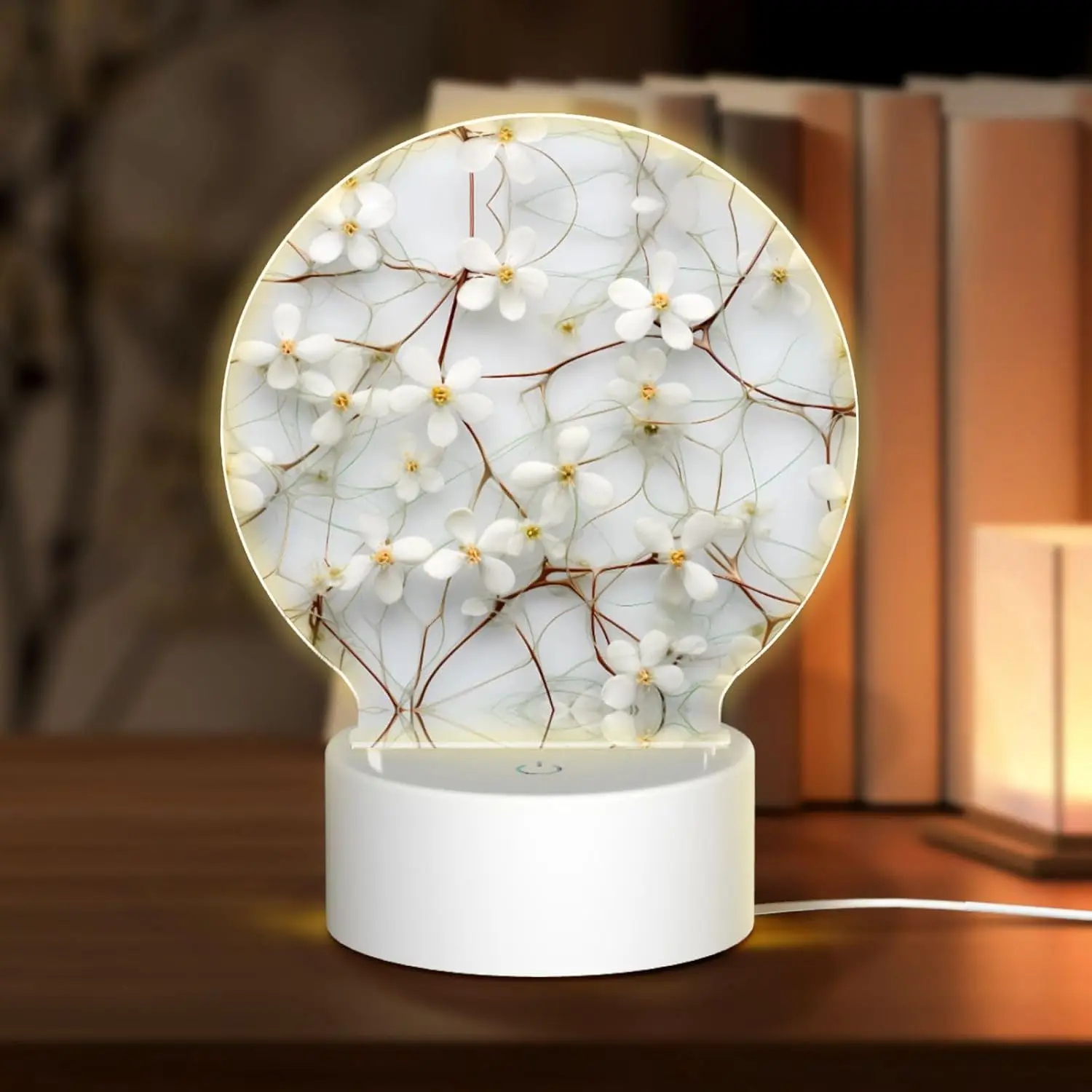 PHAYAH White Flower Pattern Round Acrylic USB Night Light Room Light