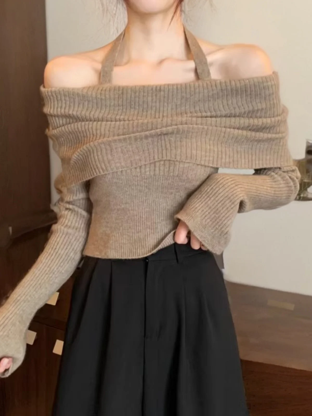 

Retro oulder-Bow Knitted Sweater Women's Spring Autumn Long Sve Slim Fit Base irt Sweet Sle Regular Sve Length